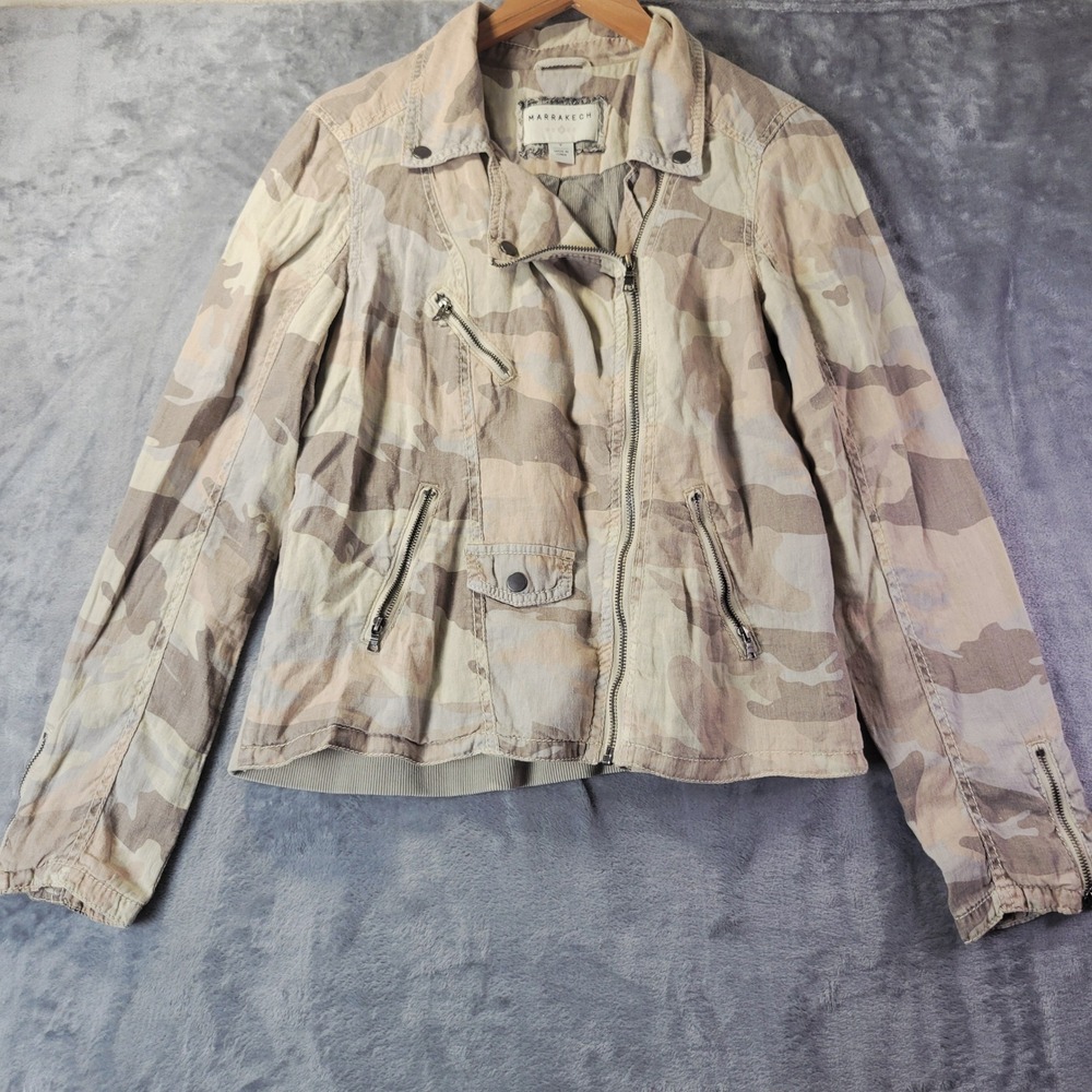 Marrakech Womens Muted Camo Linen Utility Cargo Moto Jacket Tan Beige S